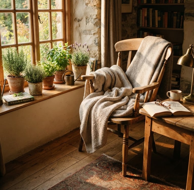 A sun-dappled reading corner in a cozy cottage, featuring a warm-toned wooden chair, soft linen blankets, potted herbs on a windowsill, and golden-hour light.