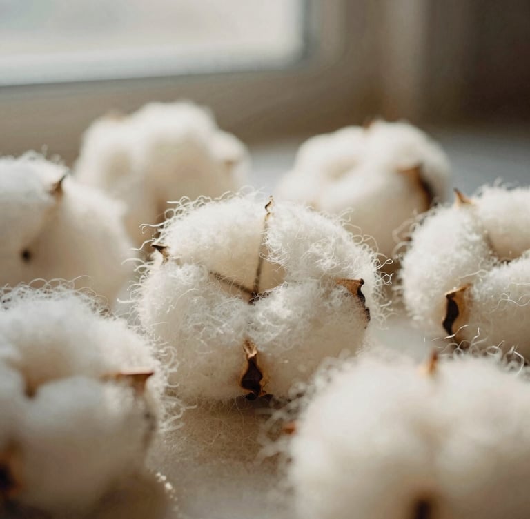 Extreme close-up of soft organic cotton fibers, warm morning sunlight, delicate cream and beige tones, shallow depth of field, 35mm photography