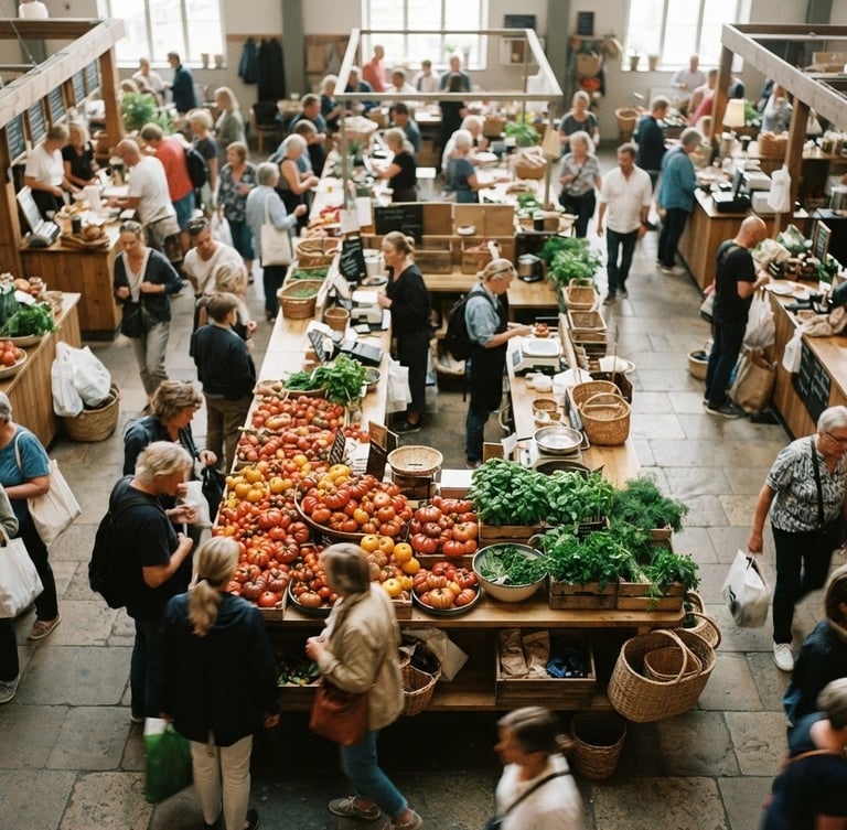 Overhead shot of a bustling modern food market hall, soft Scandinavian natural light, wooden stalls with colorful heaps of seasonal heirloom tomatoes and green herbs, shallow depth of field, 35mm