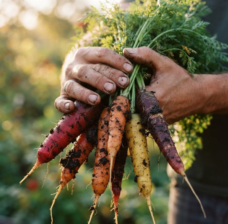 Close-up of hands holding freshly harvested heirloom carrots with damp soil clinging to them, soft golden morning light, shallow depth of field, 35mm