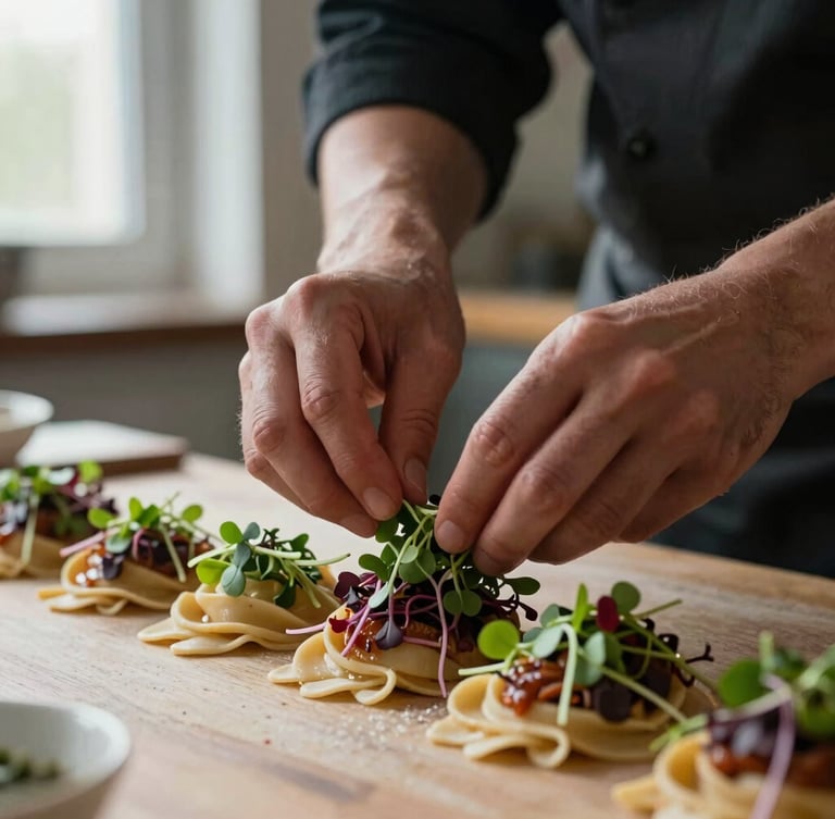 Close-up portrait of a chef's hands carefully placing microgreens on a steaming handmade pasta dish, moody kitchen lighting, soft directional window light, 35mm photography.