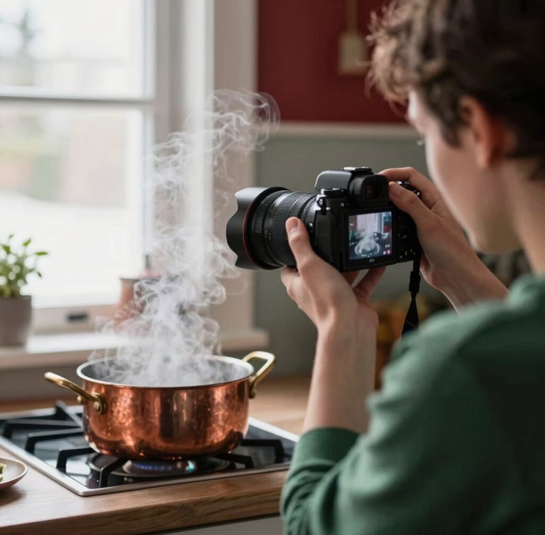 Candid over-the-shoulder view of a photographer using a professional camera to shoot steam rising from a fresh copper pot in a warm Scandinavian-style kitchen, natural window light, rich crimson and forest green accents, shallow depth of field, 35mm