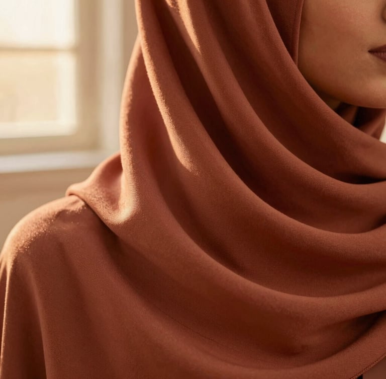 Close-up of premium soft modal hijab fabric in warm terracotta color, elegant drape, diffused golden hour lighting, 35mm