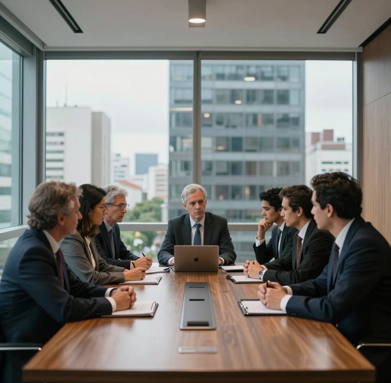 Wide architectural shot of a modern corporate office boardroom in São Paulo, cool natural daylight filtering through large windows, serious professionals in focused discussion around a wooden table, shallow depth of field.