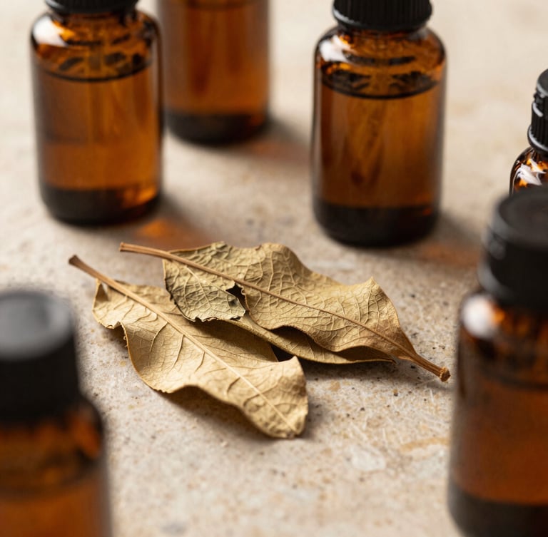 Macro shot of raw dried botanical leaves and amber glass jars on a warm stone surface under soft, diffused north-facing daylight.
