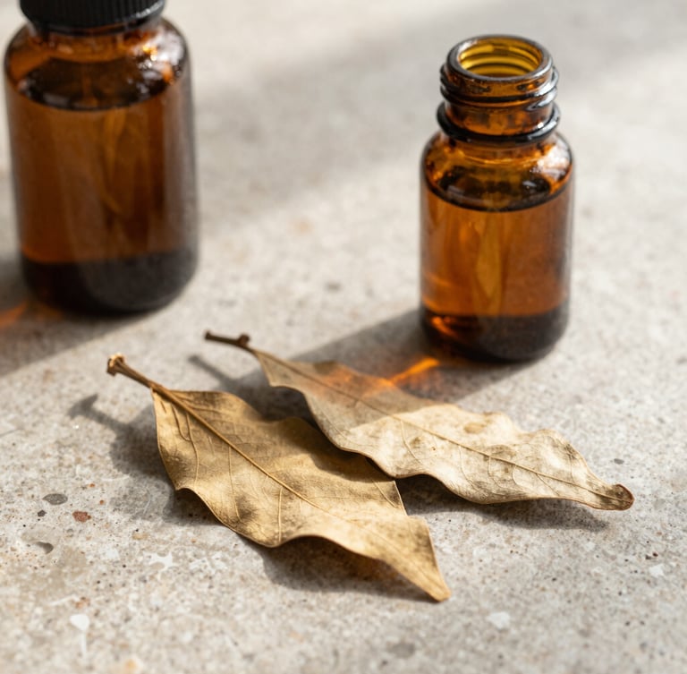 Macro shot of raw dried botanical leaves and amber glass jars on a textured stone surface, soft diffused morning light, natural shadows, editorial composition.