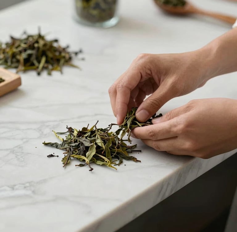 Hands carefully blending loose medicinal tea leaves on a clean marble counter inside a bright, minimalist atelier.