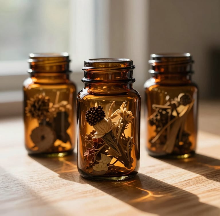 Tight macro shot of dried botanicals in amber glass jars on a clean wooden surface, soft morning light filtering through a window, natural shadows.