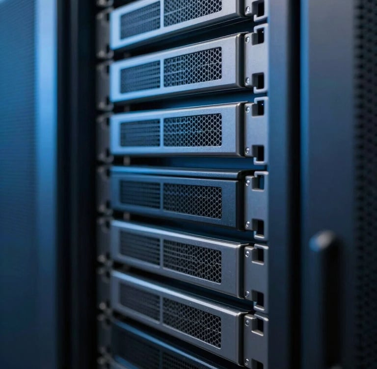 Tight macro shot of clean server racks in a cool-toned server room, sharp blue-tinted ambient light, high-contrast graphite tones, 35mm lens.