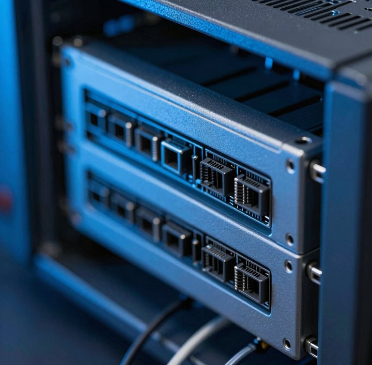 Macro close-up of high-performance server rack wiring, cool blue ambient studio lighting, sharp technical focus, 35mm lens