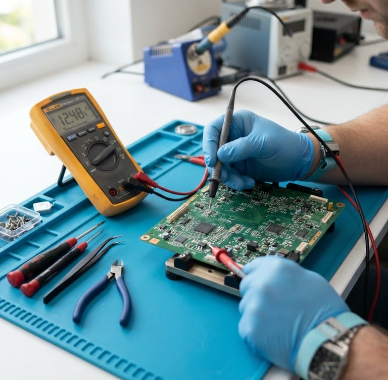 Close-up of a technician using a digital multimeter to test micro-components on a green circuit board, clean tools arranged on a blue work mat, bright natural daylight, 50mm.