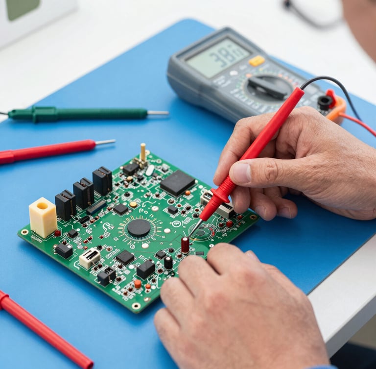 Hands of an electronics engineer using a digital multimeter probe on a green television motherboard, clean tools arranged on a blue ESD-safe work mat, bright daylight