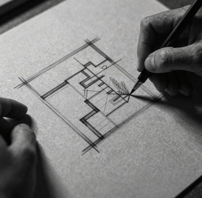 Close-up of hands sketching layouts on heavy textured charcoal paper, dramatic side-light, deep shadows, high-contrast, tactile editorial photography