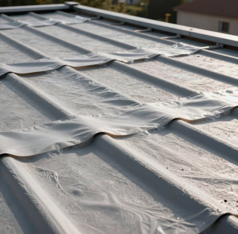 Vue rasante d'une toiture plate en cours de rénovation, membrane d'étanchéité gris anthracite parfaitement tendue, soudures nettes au chalumeau, lumière rasante du matin.