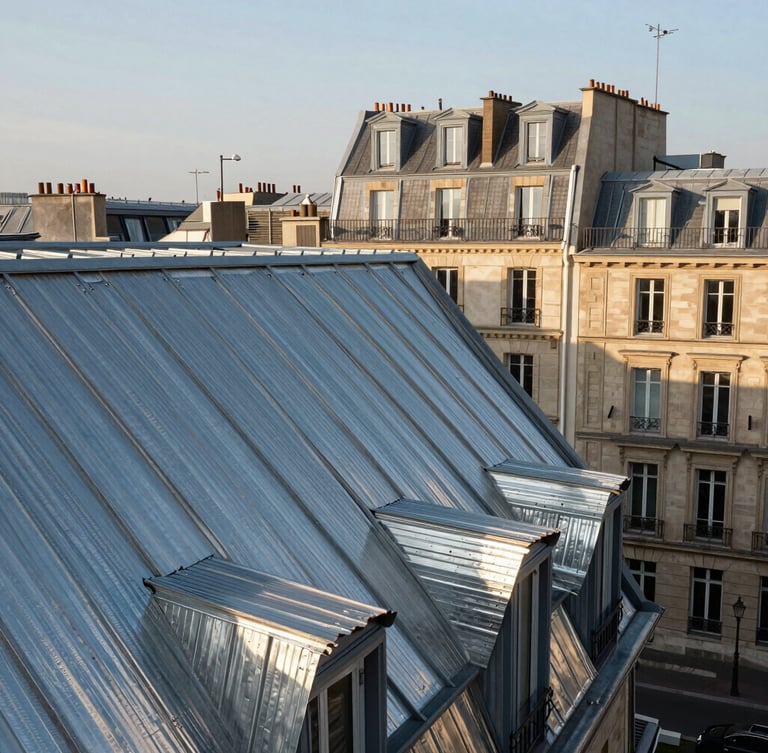 Vue en contre-plongée de feuilles de zinc plissées et assemblées avec précision sur un toit parisien, lumière rasante du matin.