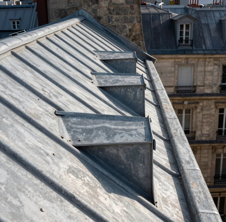 Vue en contre-plongée d'une toiture parisienne en zinc et ardoise sous une lumière matinale claire, lignes géométriques parfaites des tasseaux et joints debout.