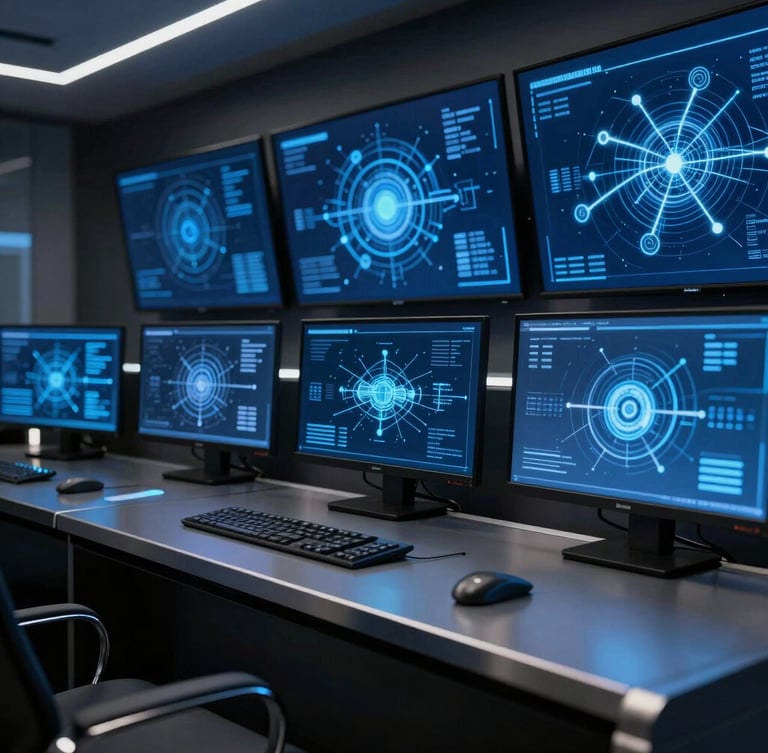 High-end corporate command center with abstract digital network schematics overlaying deep blue monitors, low-key lighting, sharp metallic details