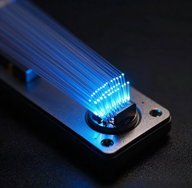 Macro close-up of a secure hardware security module with glowing electric blue fiber optics, low-key high-contrast technical studio lighting, cinematic 35mm