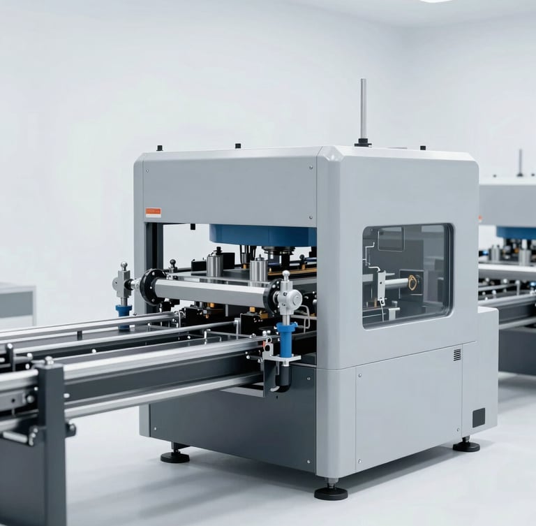 Wide shot of a modern, clean masterbatch production line with advanced machinery, bright neutral studio lighting, cool gray and technical blue tones