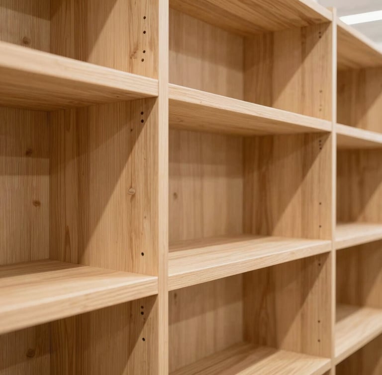 Close-up architectural shot of finished warm timber retail shelving, bright realistic indoor commercial lighting, sharp focus on wood grain and precise joinery, modern retail interior
