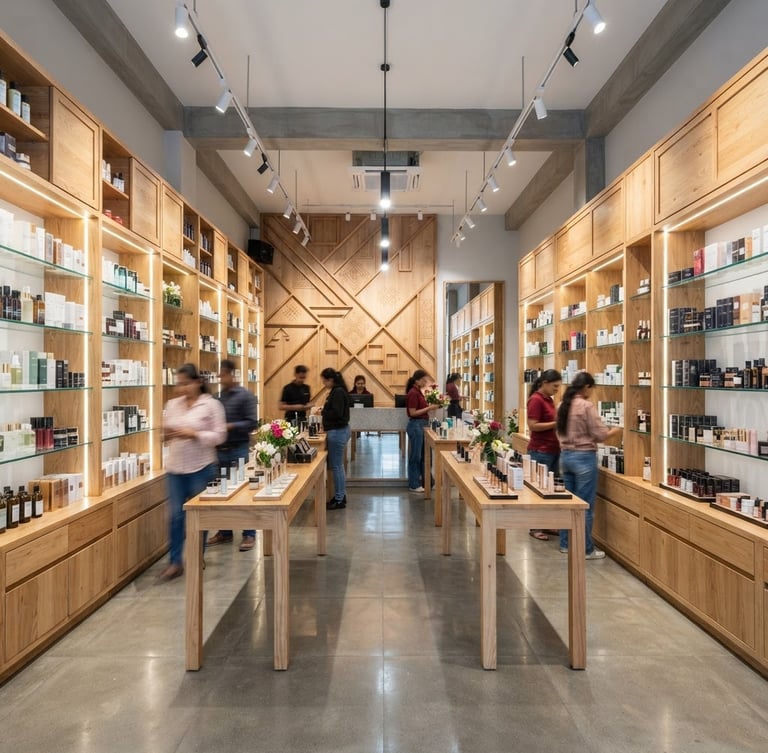 Straight-on architectural photography of a modern cosmetics shop in Kathmandu, custom timber shelving, bright clean indoor lighting, 24mm wide-angle