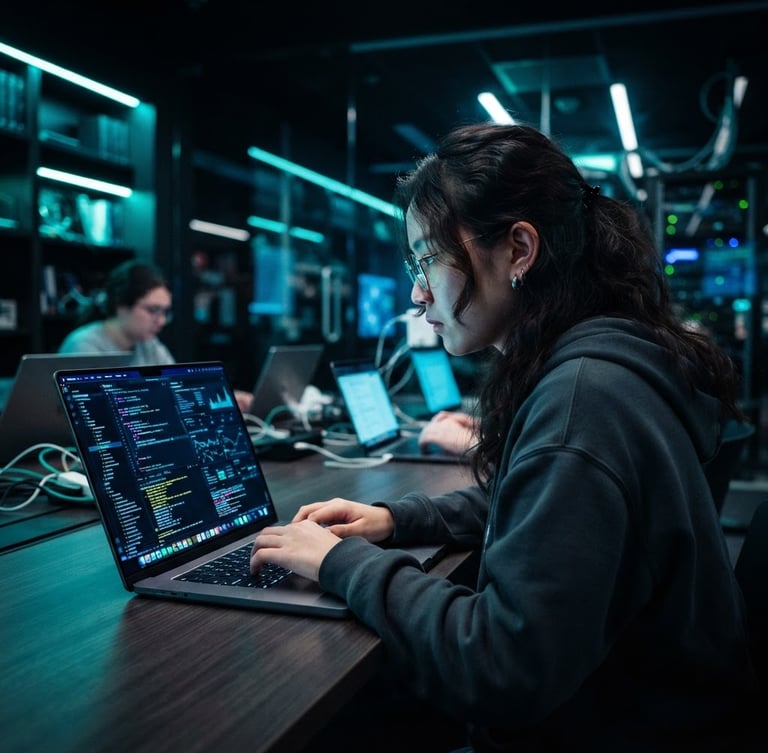 High-contrast tech photography of a student focused on a laptop showing modern interfaces, cool neon blue ambient lighting, sharp focus, modern editorial style, 35mm
