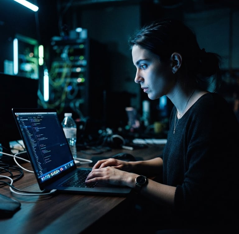 High-contrast studio portrait of a young professional focused on a laptop screen, cool neon blue ambient backlight, dramatic shadows, modern editorial style, 35mm