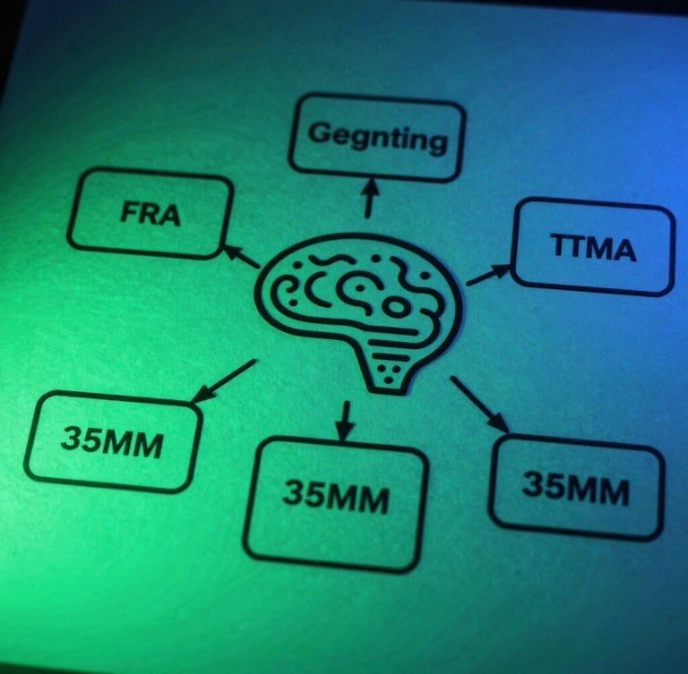 Dynamic close-up of a clean diagram of cognitive learning frameworks, dramatic shadows with cool green ambient backlights, sharp focus, modern editorial style, 35mm
