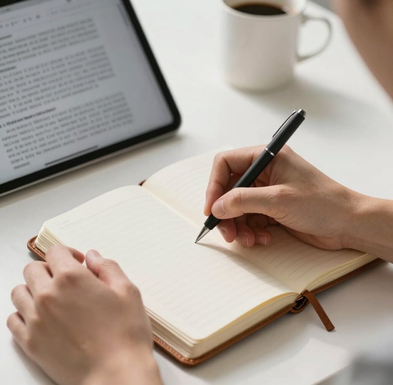 Close-up of hands writing in a leather notebook next to a tablet displaying a research paper, natural morning light, clean study desk.