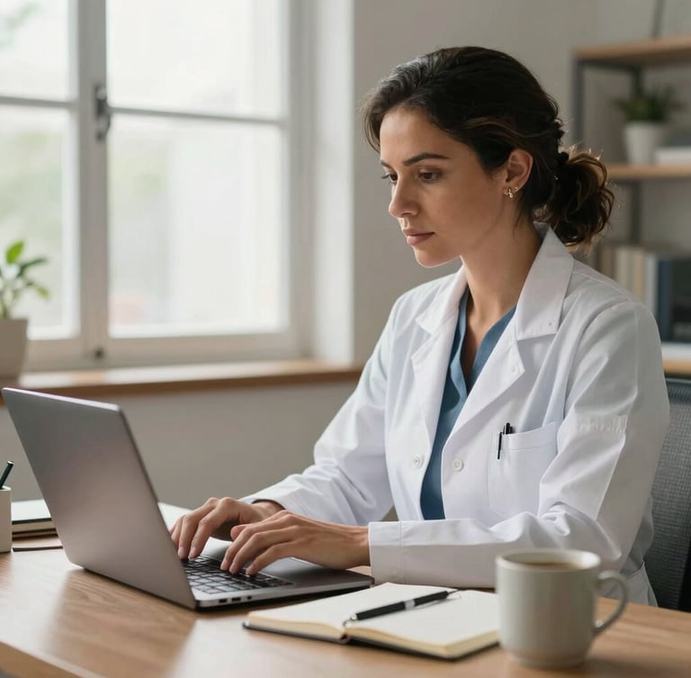 A focused Brazilian female researcher in her late 30s working in a bright, modern home office, typing on a laptop with a clean notebook and ceramic mug nearby, soft natural daylight coming from a side window, professional and academic atmosphere.