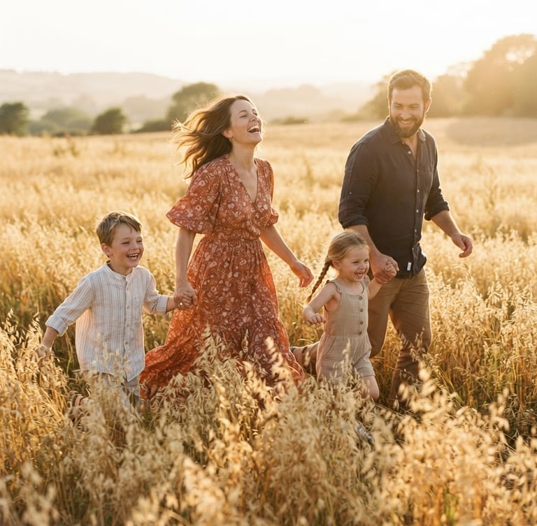 A young family running through a sun-drenched wild oat field, backlit golden hour, warm lens flare, candid laughter, cinematic 35mm look.