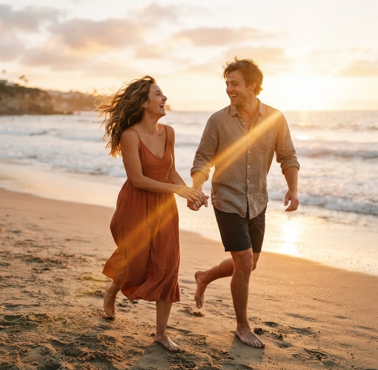 A couple laughing mid-stride on a golden-hour beach, wind-blown hair, warm lens flare, rich terracotta tones, cinematic 35mm film look