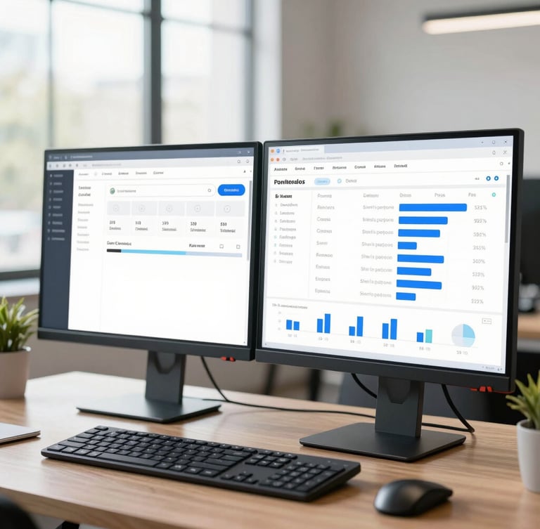 Active modern workspace with dual monitors showing a live CRM dashboard and sales funnel metrics, bright natural daylight, clean composition.