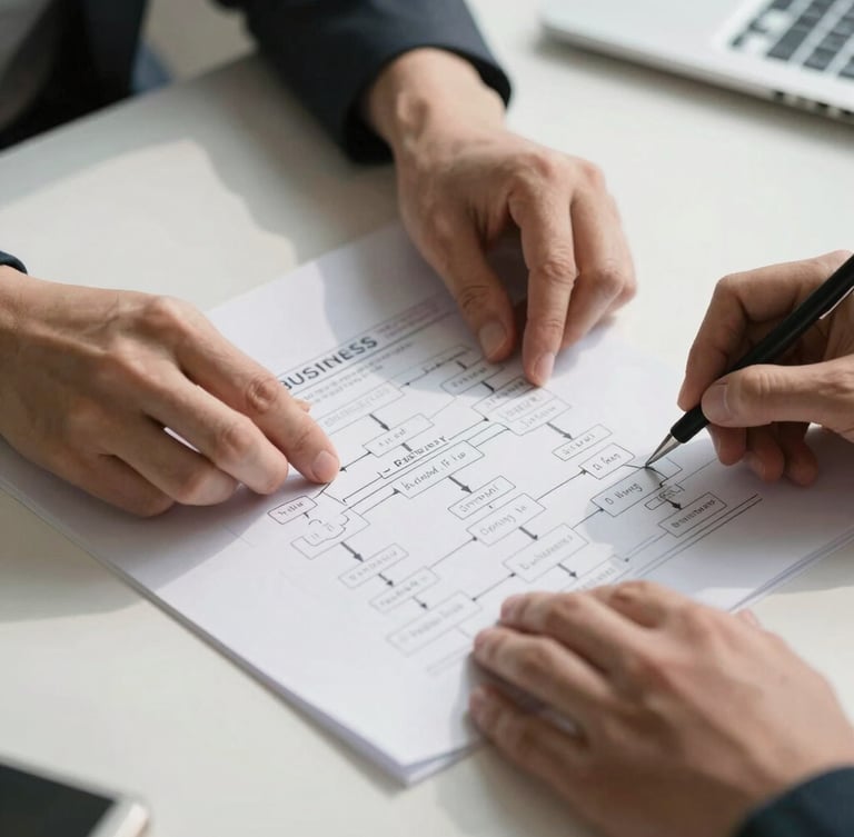 Close-up of hands organizing physical business flowcharts and documents on a clean white desk, bright natural daylight, high contrast.