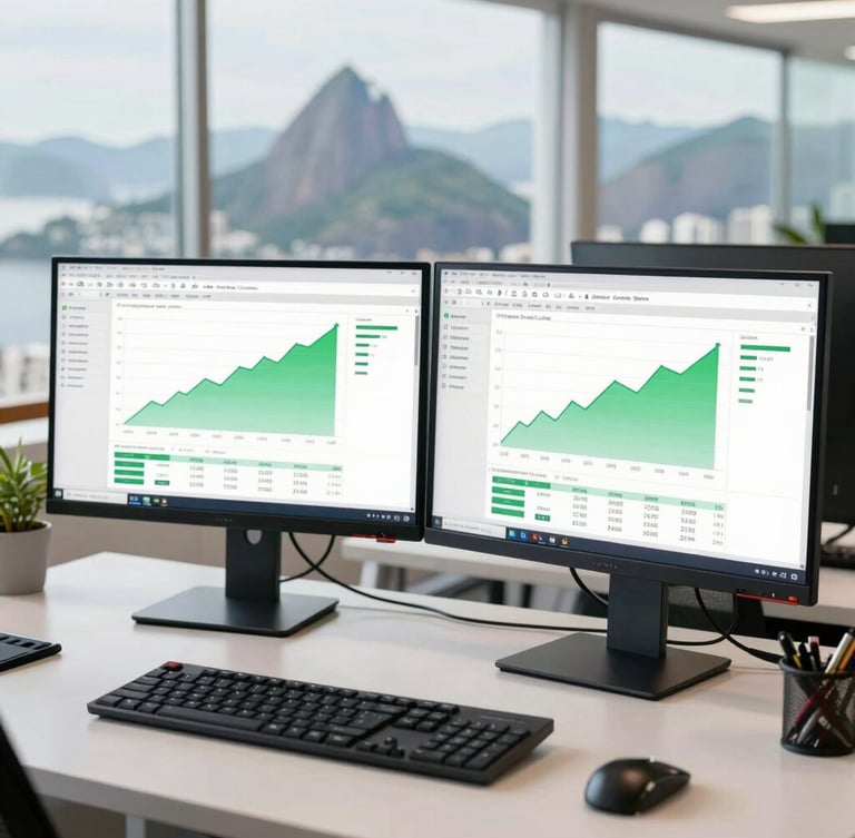 Active modern workspace in Rio de Janeiro, dual monitors showing CRM sales dashboard with green growth charts, bright natural daylight, clean desk, professional environment.