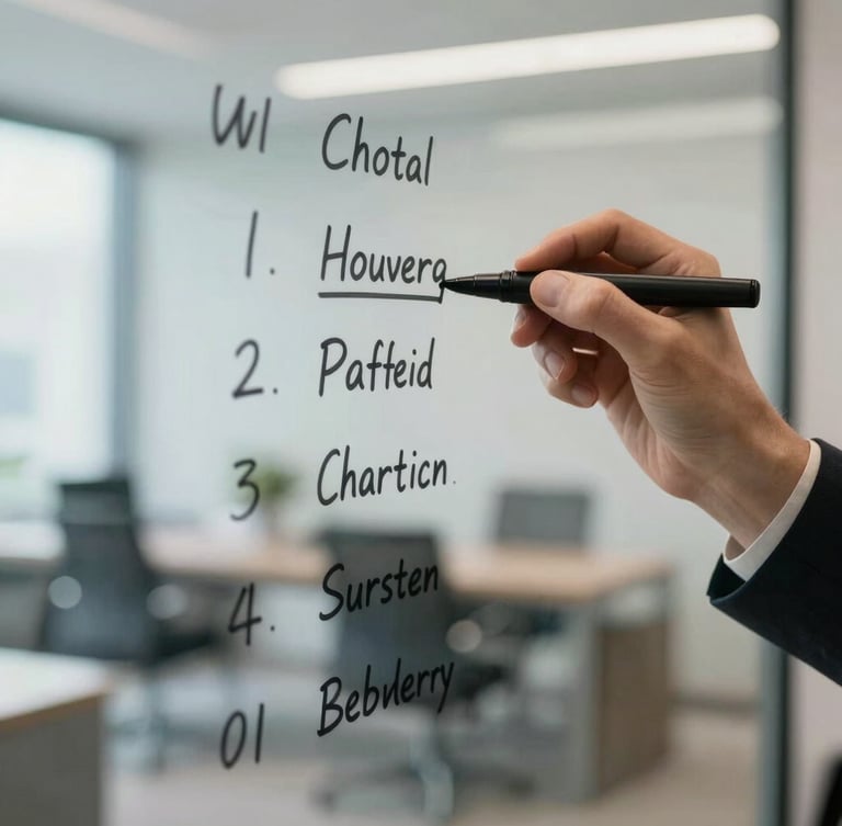 Close-up of hands writing a structured workflow on a glass board, daylight, sharp focus on the marker lines, clean modern office environment.