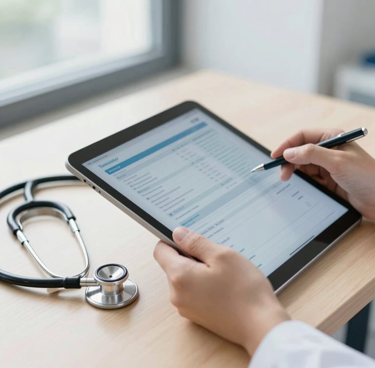 Close-up of clinical documentation on a modern desk with a stethoscope, bright natural daylight, soft focus on hands holding a tablet showing medical data.