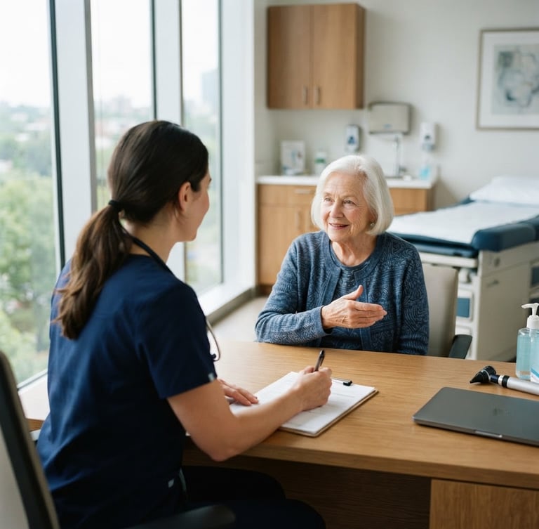 Over-the-shoulder view of a physician in a bright, modern clinic consulting with a patient, natural daylight filtering through large windows, soft clinical blue tones