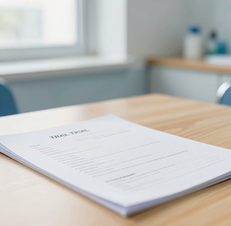 A close-up of clinical trial documentation on a clean wooden desk, bright natural sunlight filtering through clinic windows, shallow depth of field