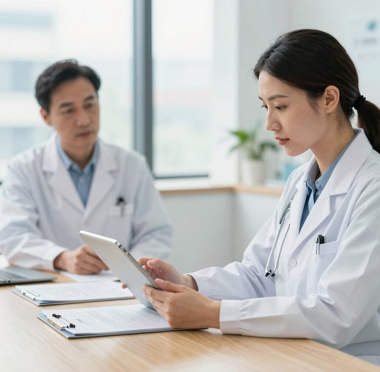 Medium shot of a clinical research coordinator in a bright medical office organizing trial documents on a tablet, a physician consulting a patient in the soft-focus background. Clean daylight.