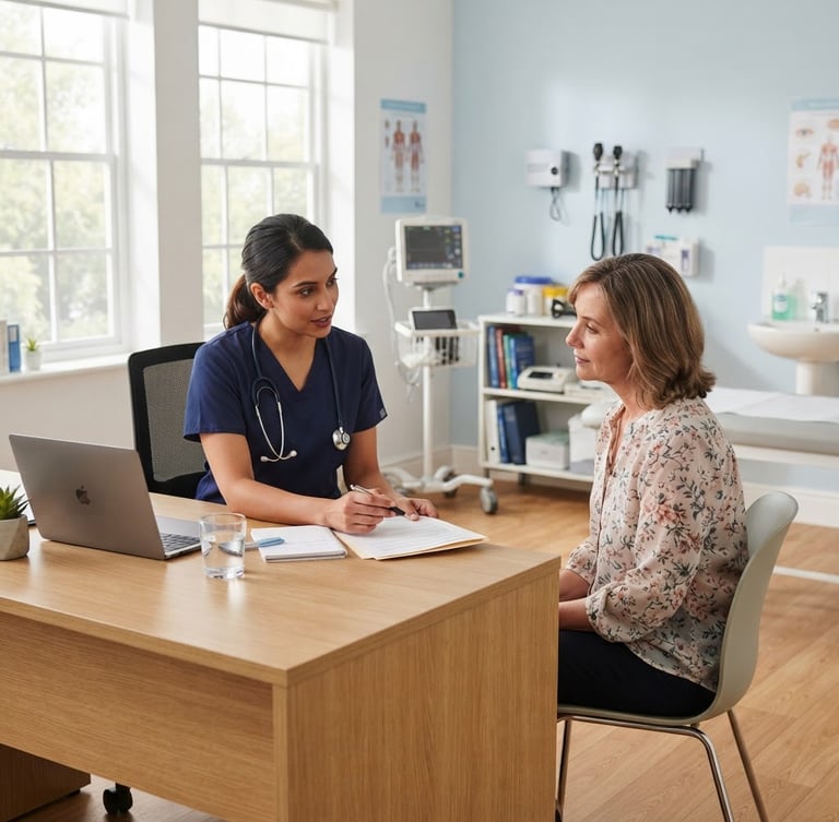 A bright, clean medical office consultation room with natural daylight filtering through large windows, soft clinical blue tones, professional medical equipment visible in the background, shallow depth of field.