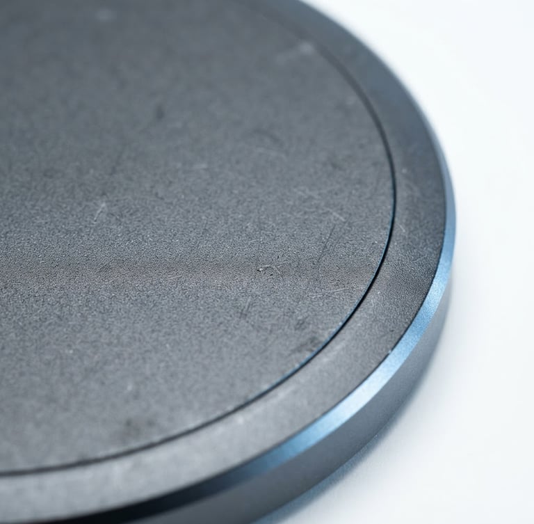 Macro shot of an anodized aluminum wireless charger casing, bright high-key studio lighting with soft cool-blue ambient bounce and subtle rim highlights, extreme close-up focusing on material textures, clean white backdrop