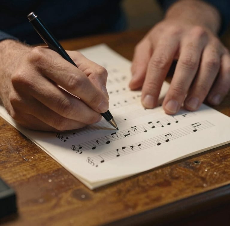 Close-up of hands writing musical notes on a sheet of paper, warm studio lighting, vintage wooden desk, shallow depth of field, professional 35mm
