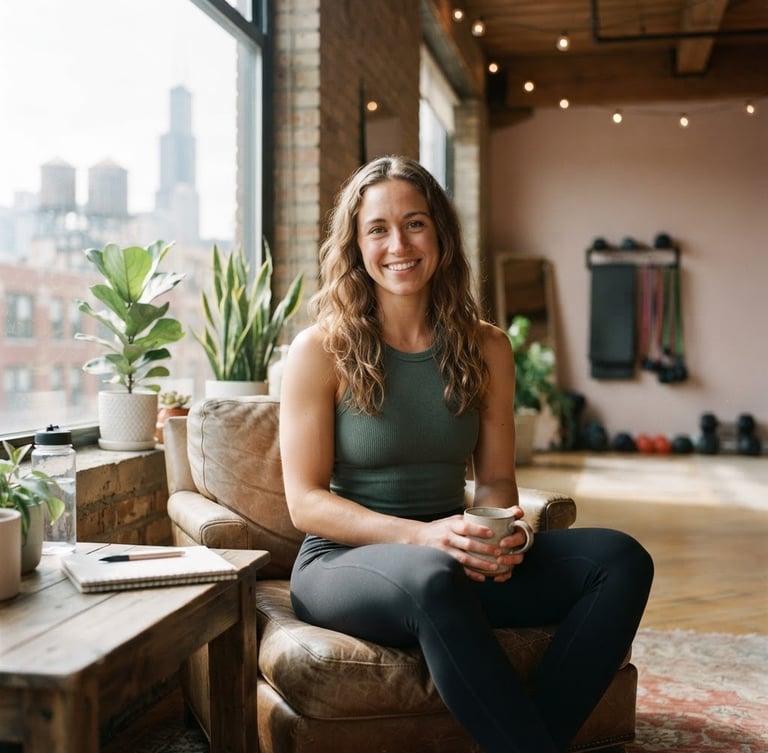 Warm natural portrait of Amy, a female fitness coach, sitting in a sunlit Chicago loft studio, soft window light, shallow depth of field, 35mm