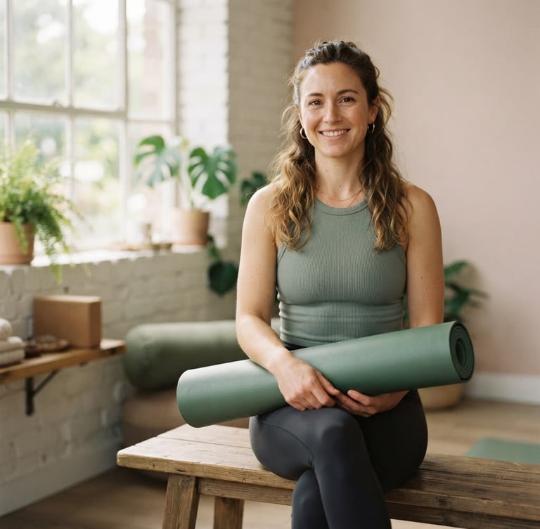 A warm natural portrait of Amy, a female fitness coach with a calm smile, sitting on a wooden bench in a sunlit boutique studio, holding a rolled-up yoga mat, soft natural window light, muted blush tones, shallow depth of field, 35mm