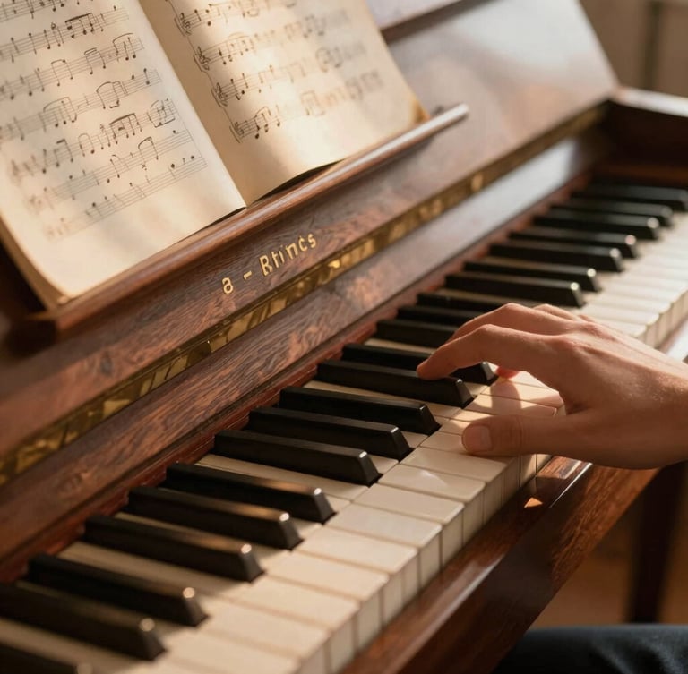 Close-up of hands gently pressing tactile keys on a polished mahogany upright piano, warm golden hour sunlight casting soft amber shadows across vintage sheet music.