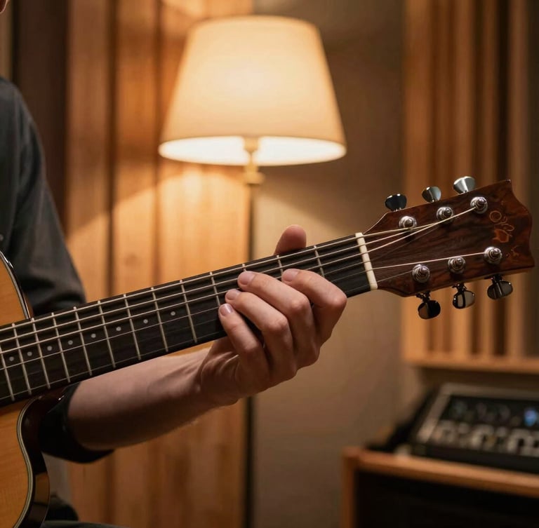 Intimate close-up of a musician's hand adjusting a guitar fret under warm amber lamp light inside a wood-paneled studio.