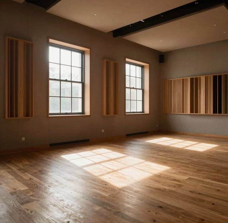 Wide environmental shot of the empty music studio interior, warm wood-toned walls, sunlight streaming through historic windows.