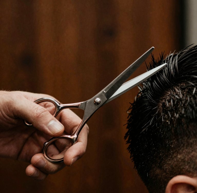 Close-up of a barber's hands using vintage steel scissors to style hair, warm low-key directional lighting, shallow depth of field, dark wood background.