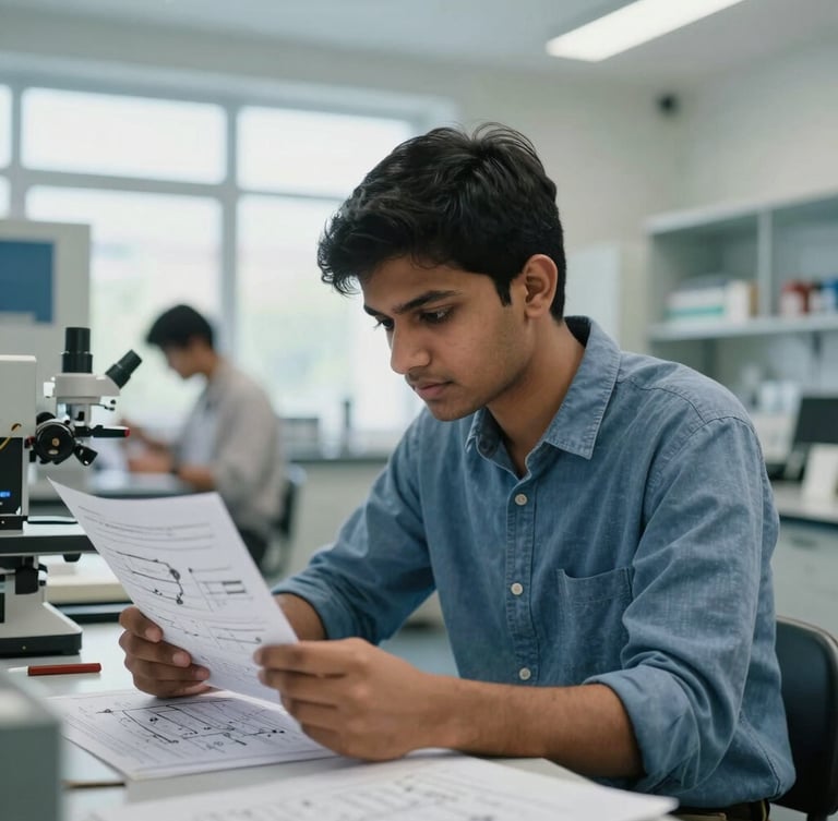 Candid, focused portrait of an Indian student analyzing technical schematics in a bright, modern German engineering laboratory under cool daylight.